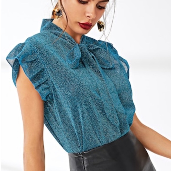 💎 TIE NECK RUFFLE ARMHOLES GLITTER TOP S,M 💎 - Picture 3 of 8